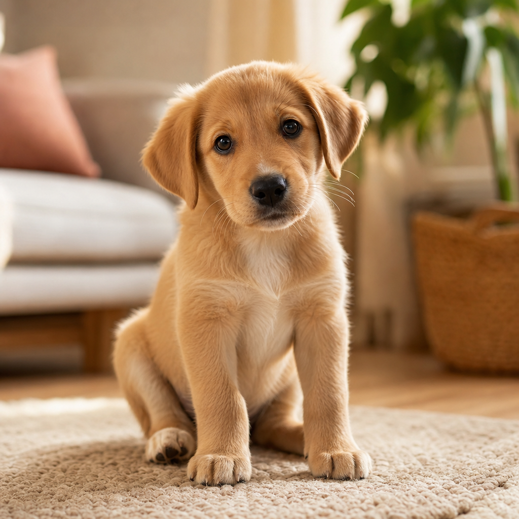 Ev ortamında oturan, yeni sahibini bekleyen sevimli bir yavru köpek