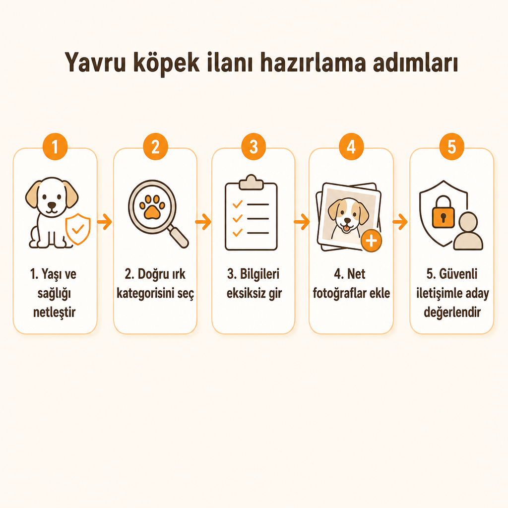 Yavru köpek ilanı hazırlamanın beş adımını gösteren süreç diyagramı