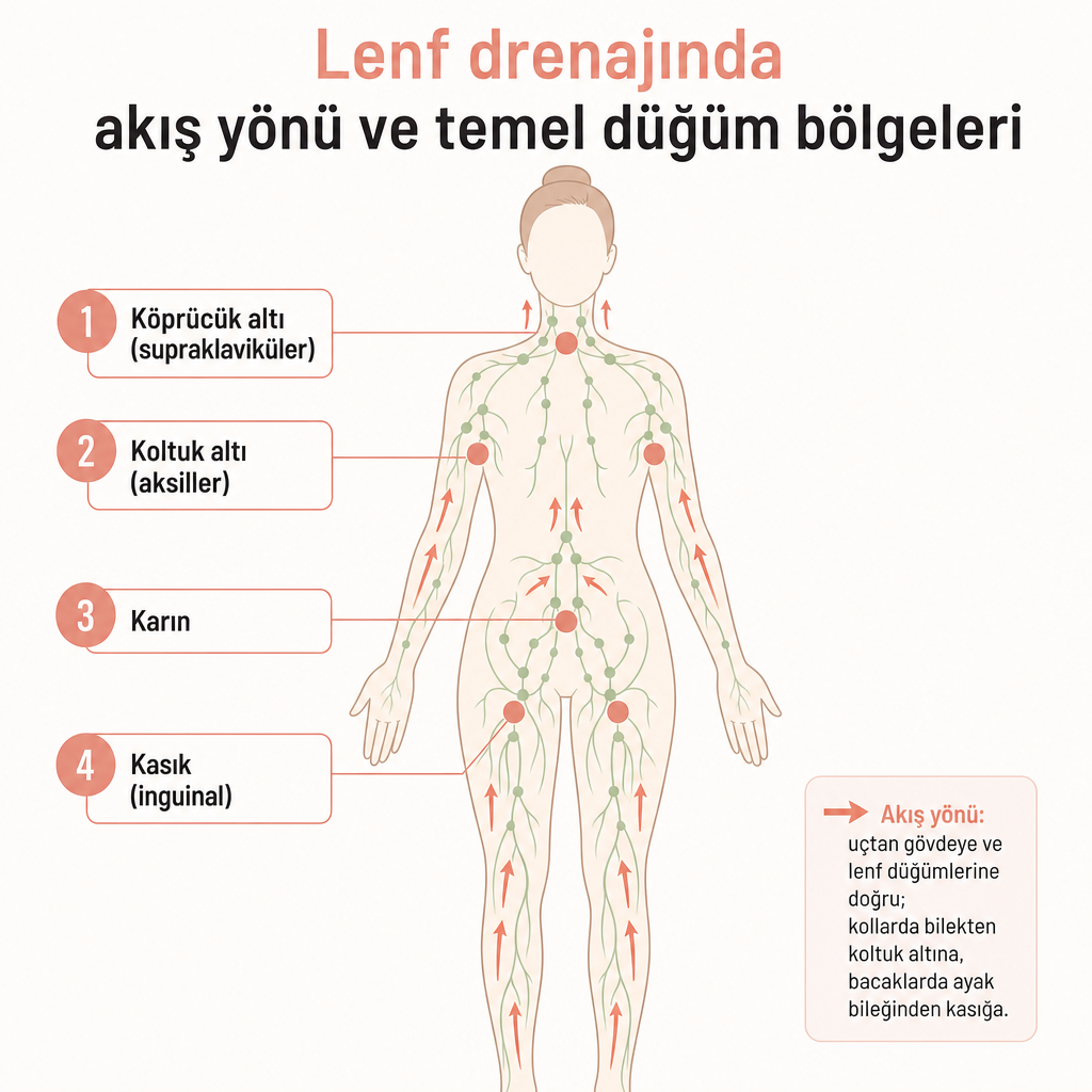 İnsan vücudu üzerinde lenf düğümleri ve drenaj yönünü gösteren şema