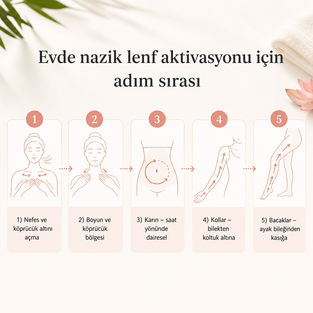 Evde lenf drenaj rutininin beş adımını gösteren süreç şeması