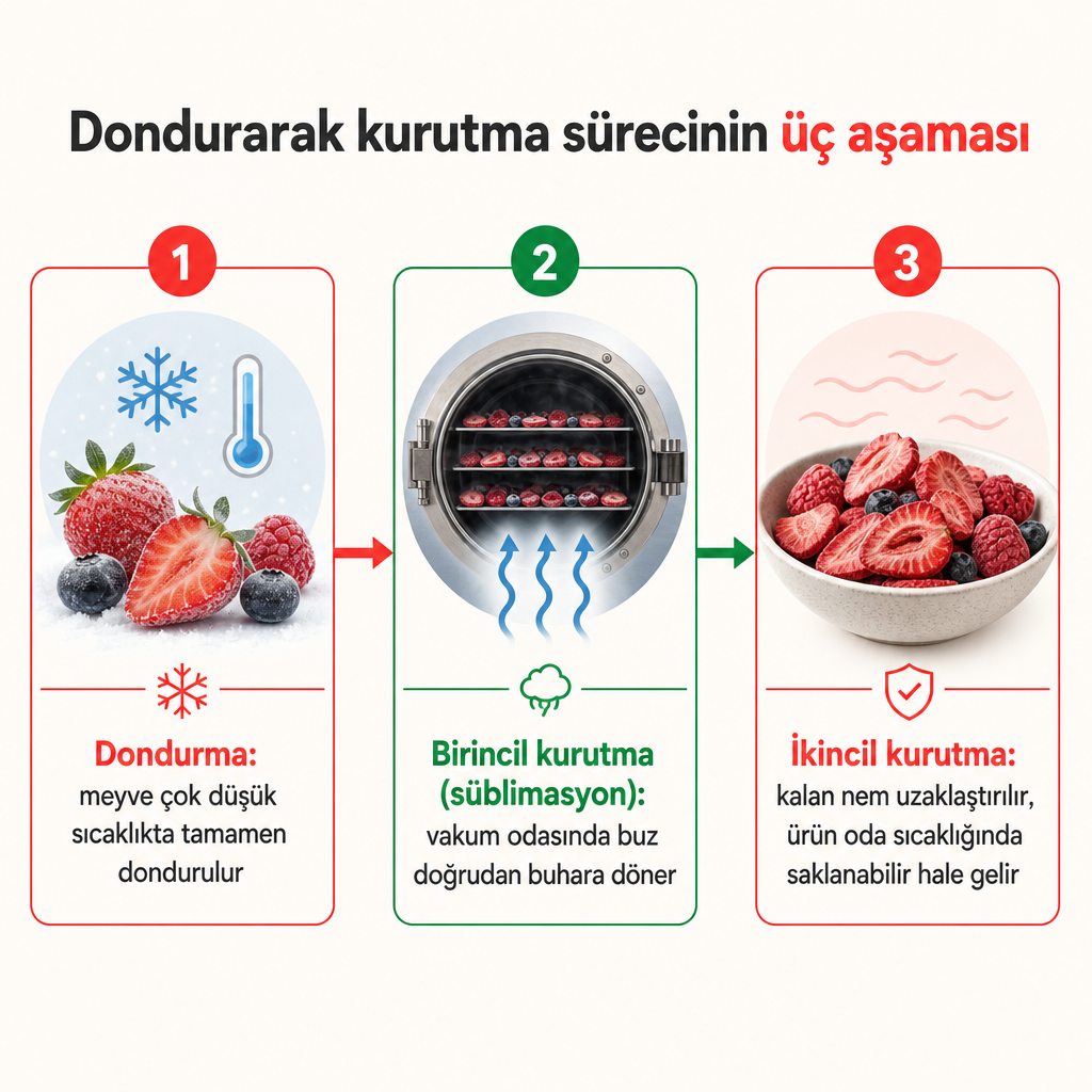 Dondurma, süblimasyon ve ikincil kurutma aşamalarını gösteren üç adımlı süreç görseli