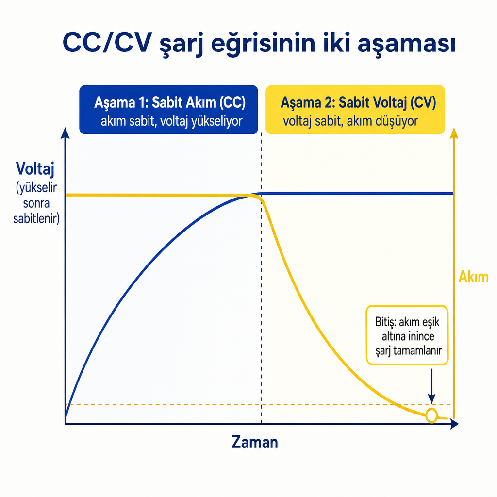 Lityum bataryanın sabit akım ve sabit voltaj aşamalarını gösteren şarj eğrisi grafiği.