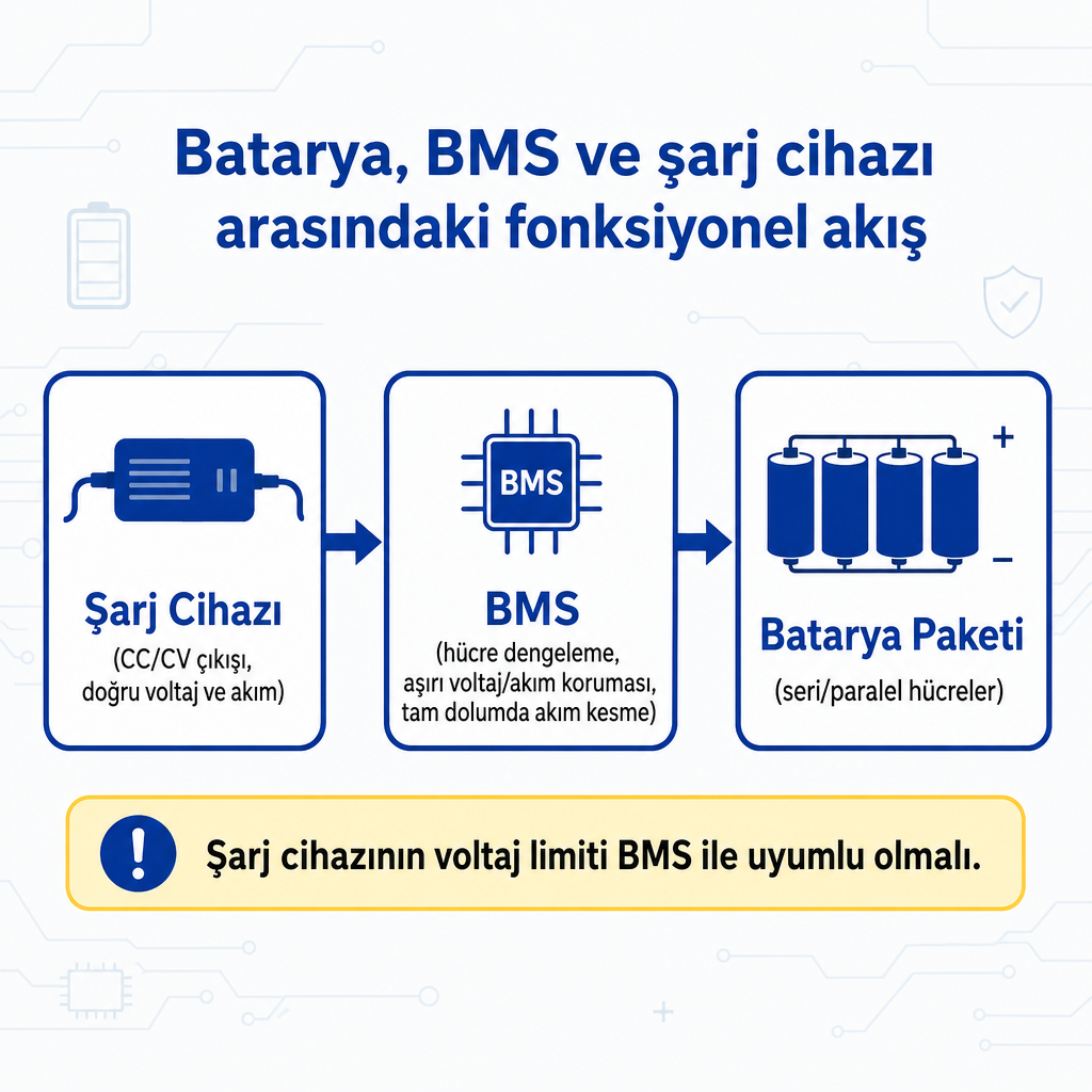 Şarj cihazından BMS'e ve batarya paketine giden fonksiyonel akışı gösteren blok şema.