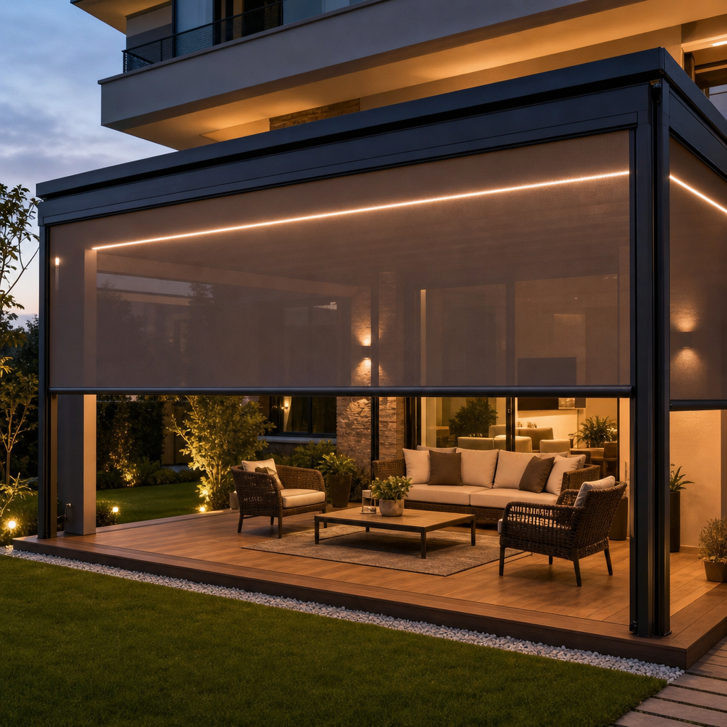 Rüzgâr ve güneşe karşı zip perde ile çevrelenmiş modern villa terası