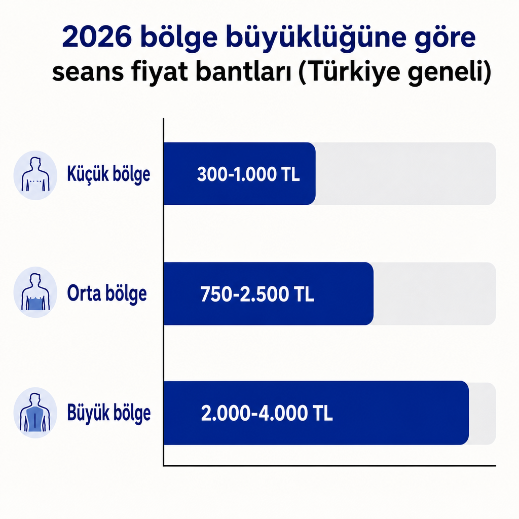 Küçük, orta ve büyük bölgeler için 2026 seans fiyat aralıklarını gösteren çubuk grafik