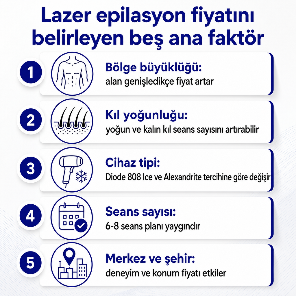 Fiyatı belirleyen beş faktörü kısa açıklamalarla listeleyen infografik