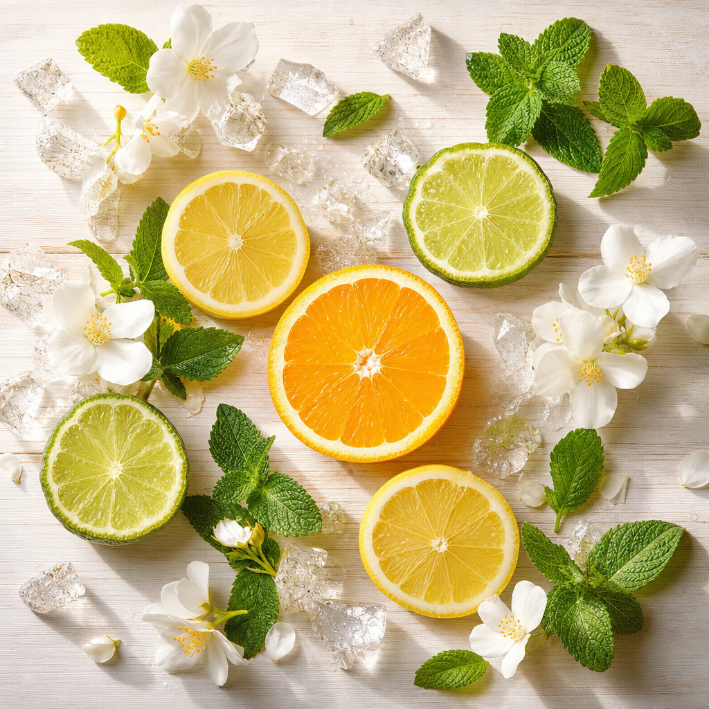 Limon, portakal, bergamot dilimleri, nane yaprakları ve beyaz çiçeklerden oluşan ferah yazlık kompozisyon