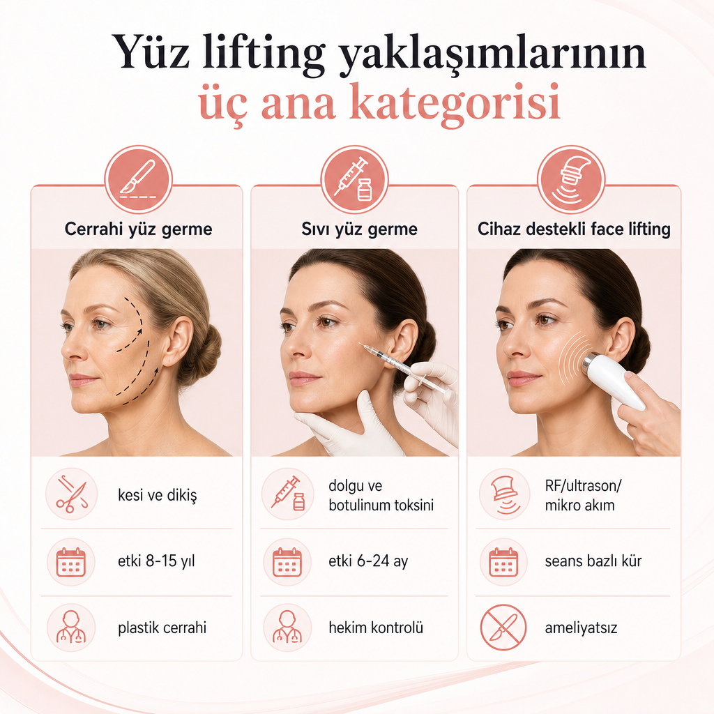 Cerrahi yüz germe, sıvı yüz germe ve cihaz destekli face liftingi karşılaştıran üç sütunlu görsel