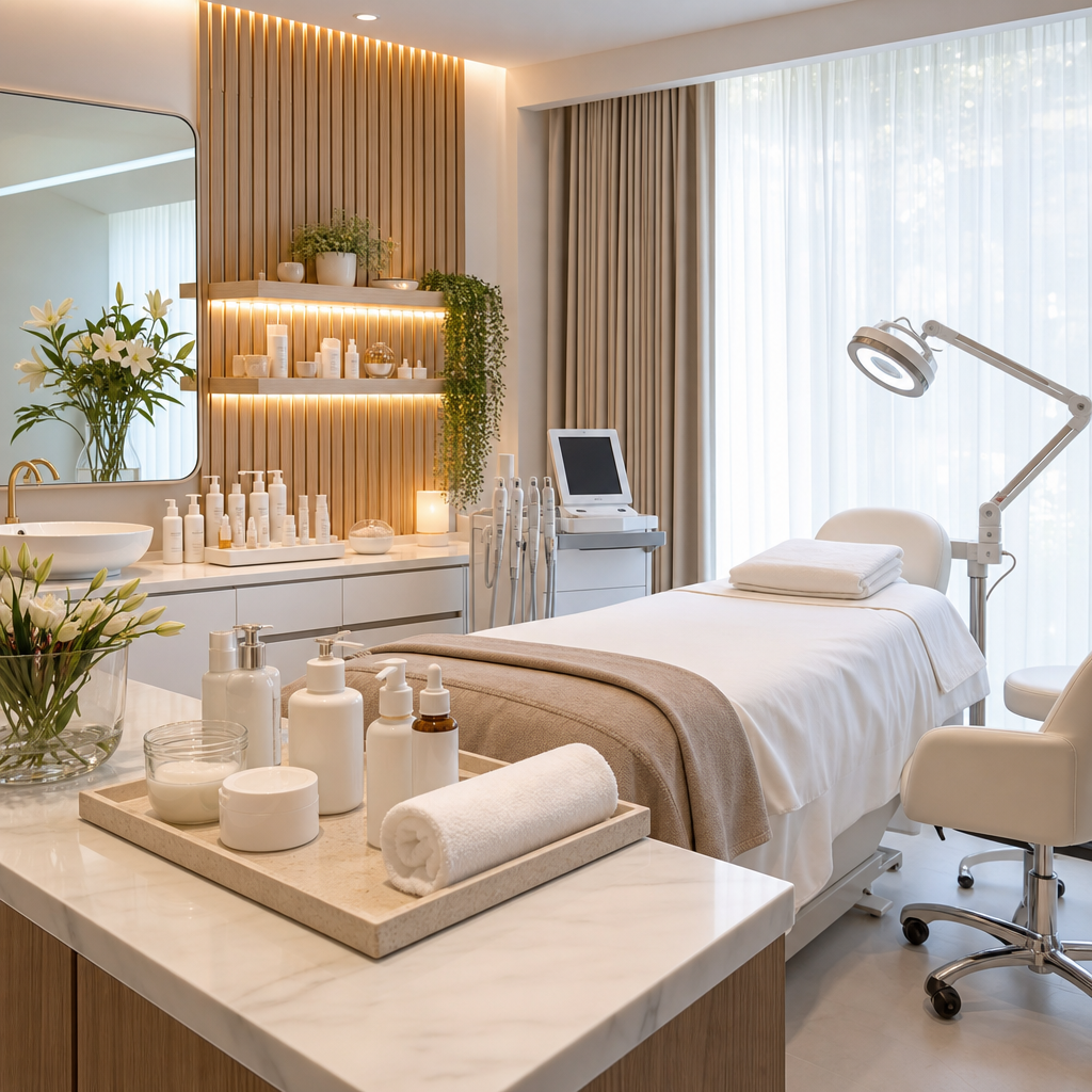 Temiz ve profesyonel bir medikal spa yüz bakımı odasının genel görünümü