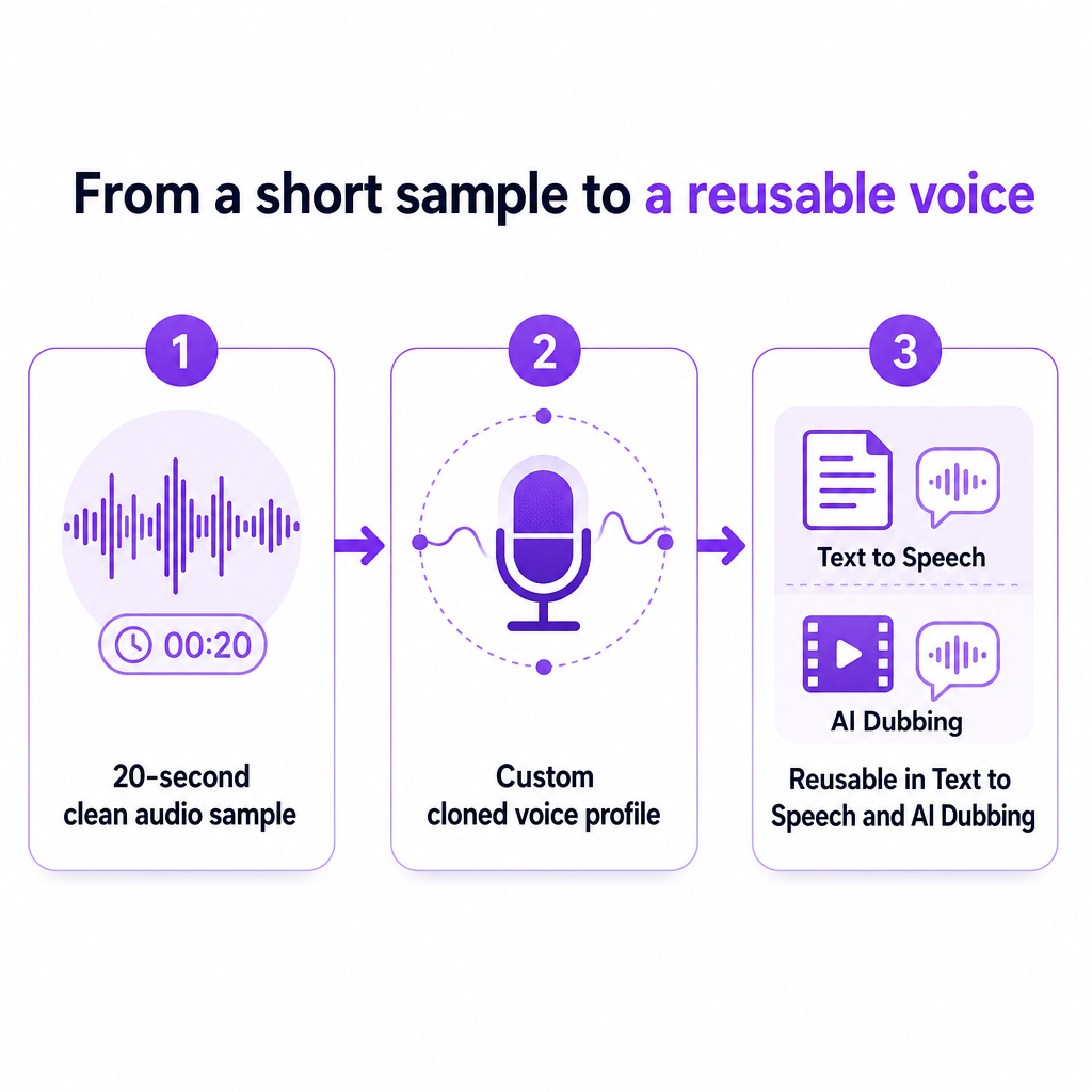 Diagram showing a short audio sample becoming a cloned voice profile that is reused in text to speech and dubbing