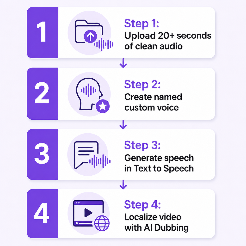 Four-step process from uploading audio to creating a voice, generating speech, and dubbing a video