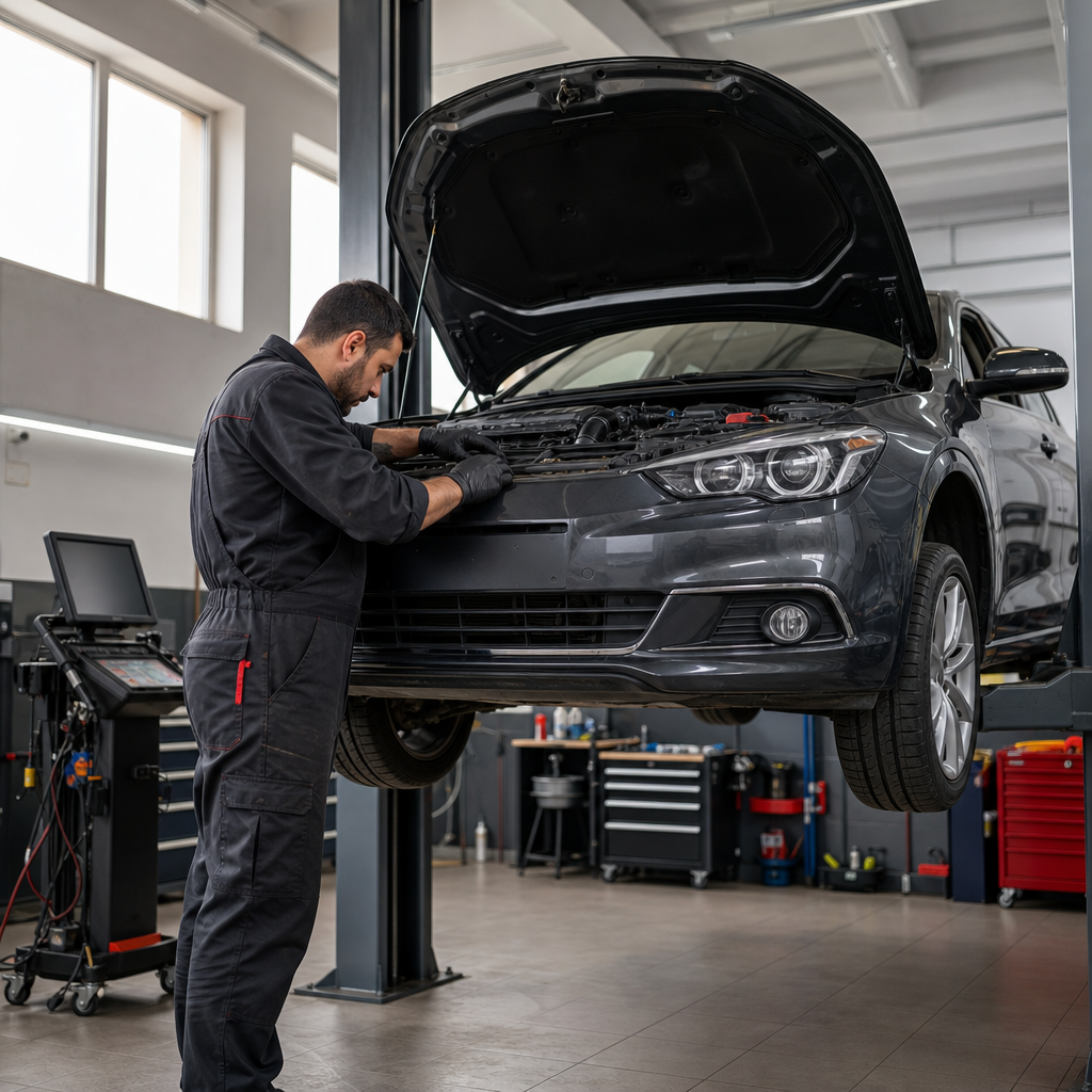 Atölyede lifte alınmış bir aracın motor bölmesini inceleyen servis ustası