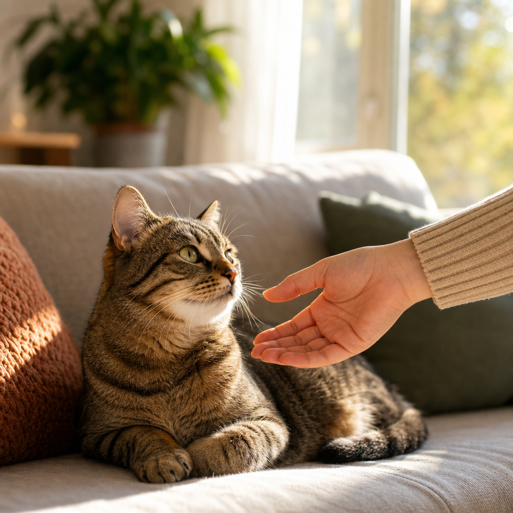 Ev ortamında kanepede oturan bir kedi ve ona uzanan bir el
