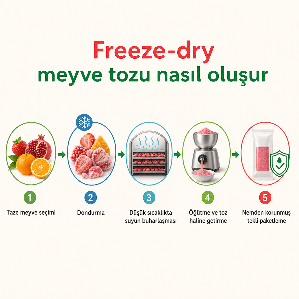 Taze meyveden freeze-dry meyve tozuna uzanan beş adımlı süreç şeması