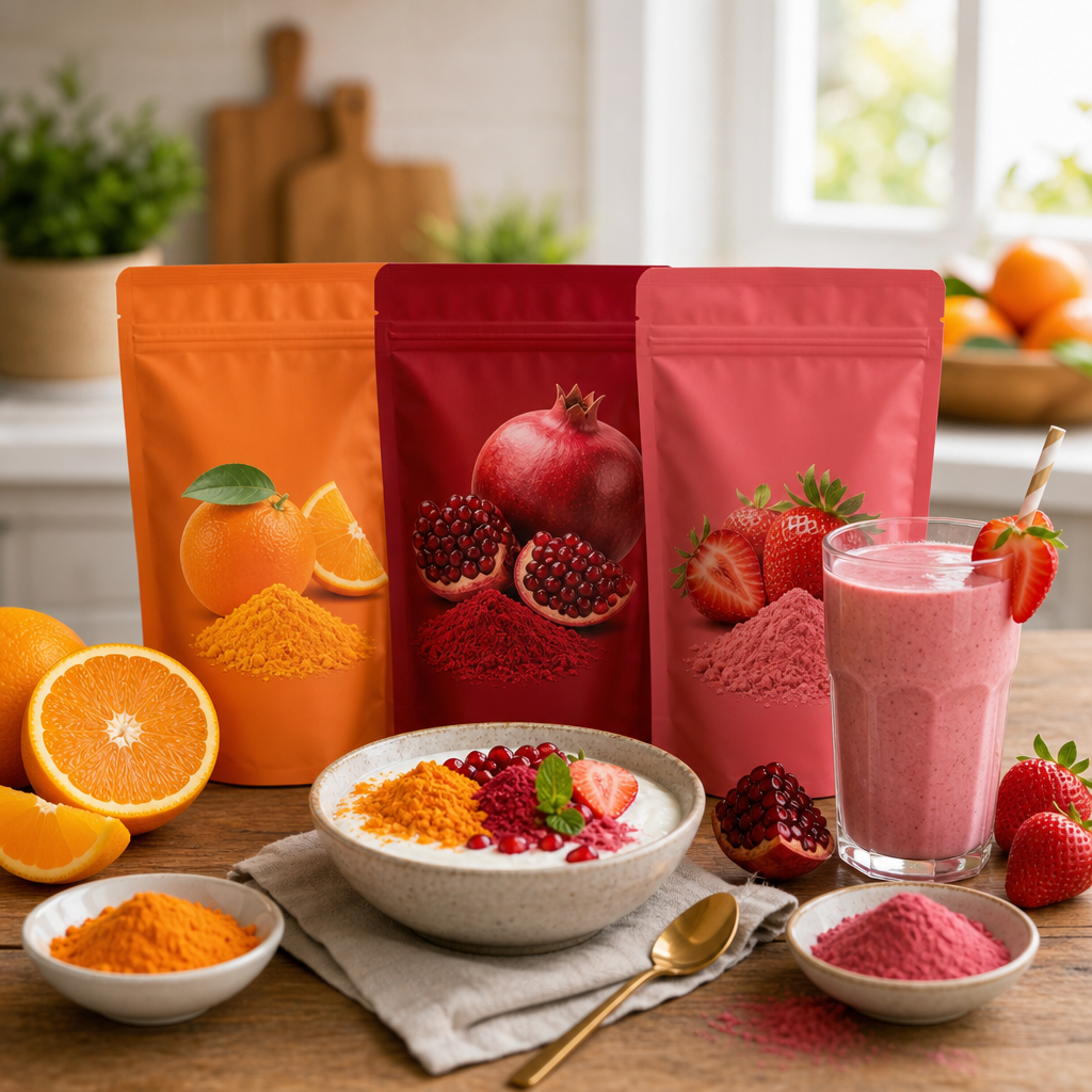 Portakal, nar ve çilek tozu paketleriyle hazırlanmış yoğurt ve smoothie