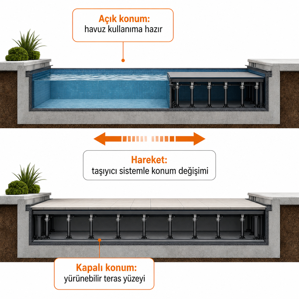 Havuz kesitinde hareketli platformun açık ve kapalı iki kullanım konumunu gösteren diyagram