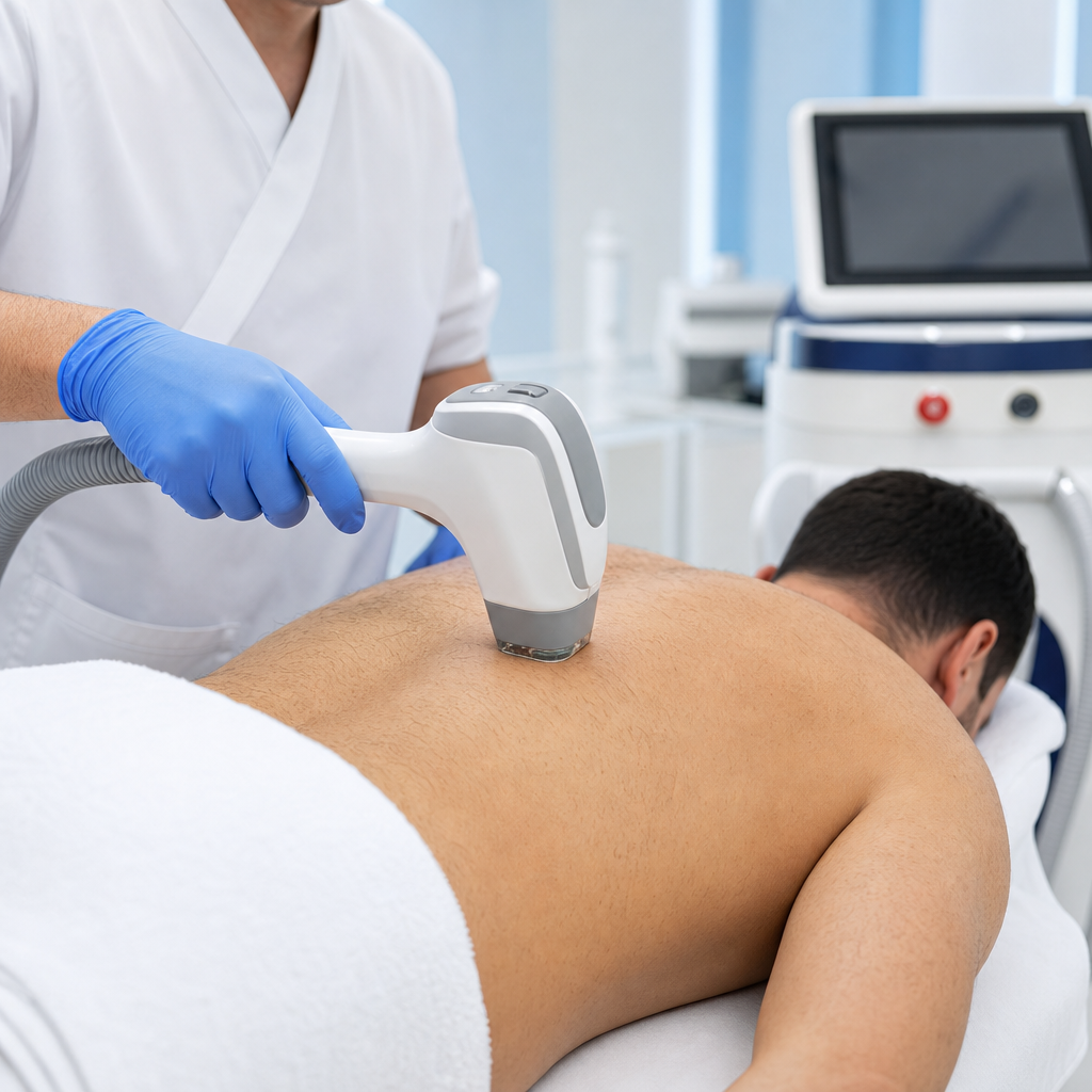 Erkek sırt bölgesine buz başlıklı diode lazer uygulanırken çekilmiş klinik fotoğraf
