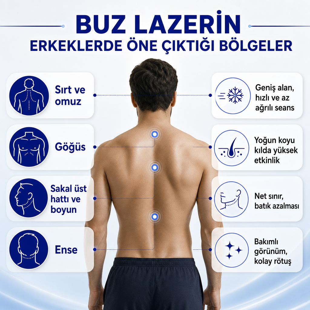 Erkek vücudunda buz lazerin sık uygulandığı bölgeler ve her birinin sağladığı faydayı gösteren karşılaştırma grafiği