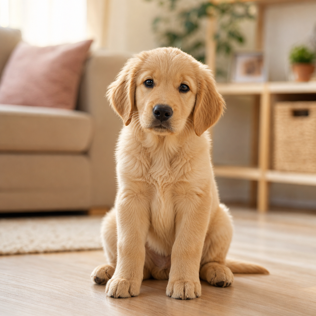 Ev ortamında oturan, sağlıklı görünen bir yavru köpek