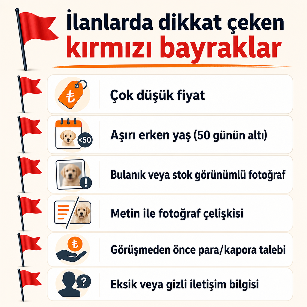 Satılık yavru köpek ilanlarında kırmızı bayrakları listeleyen bilgi grafiği