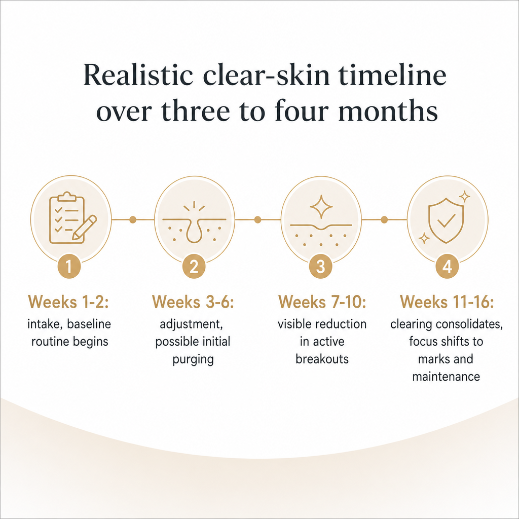 Timeline showing skin clearing typically consolidates between weeks eleven and sixteen