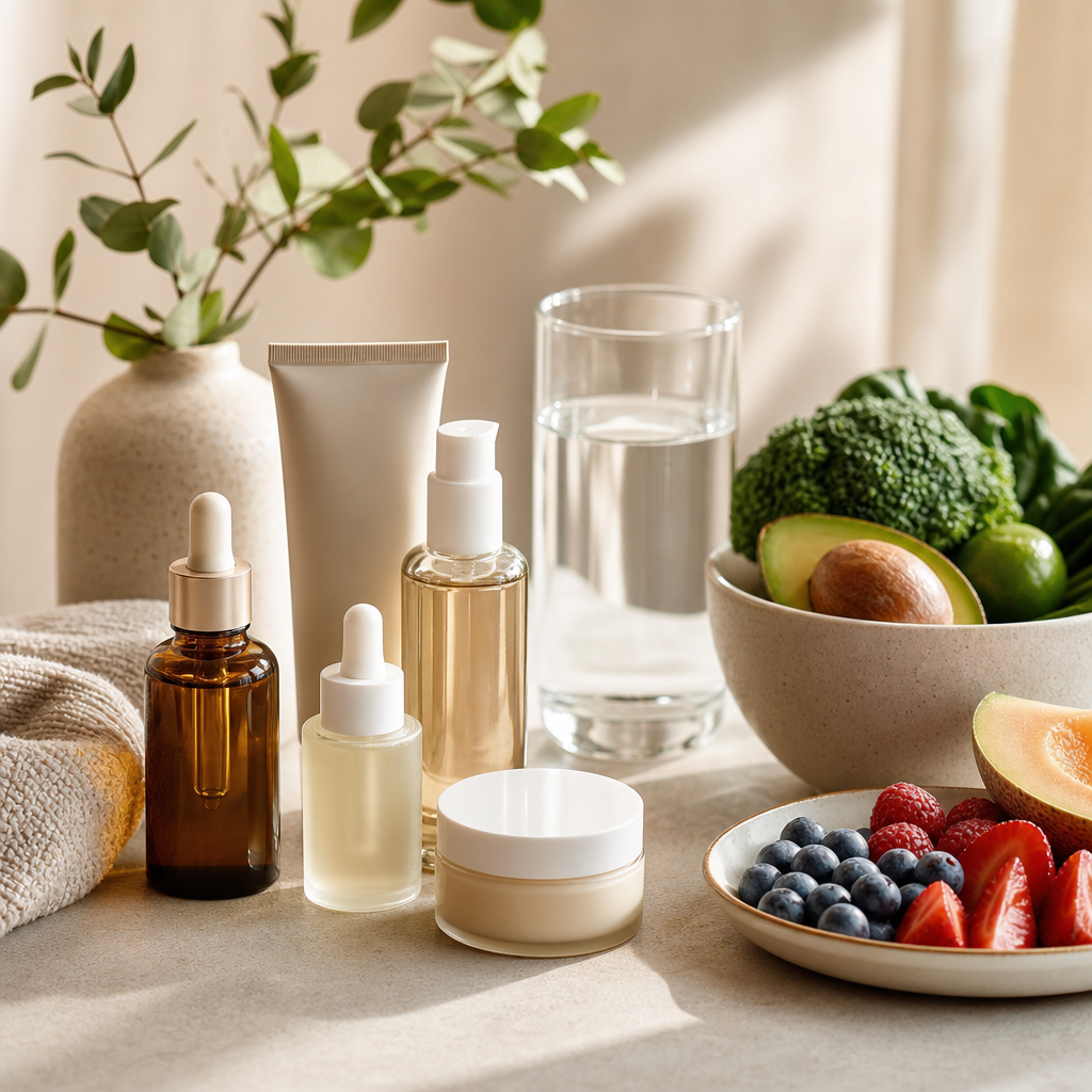 Simple skincare products arranged with fresh food and water, illustrating routine plus lifestyle