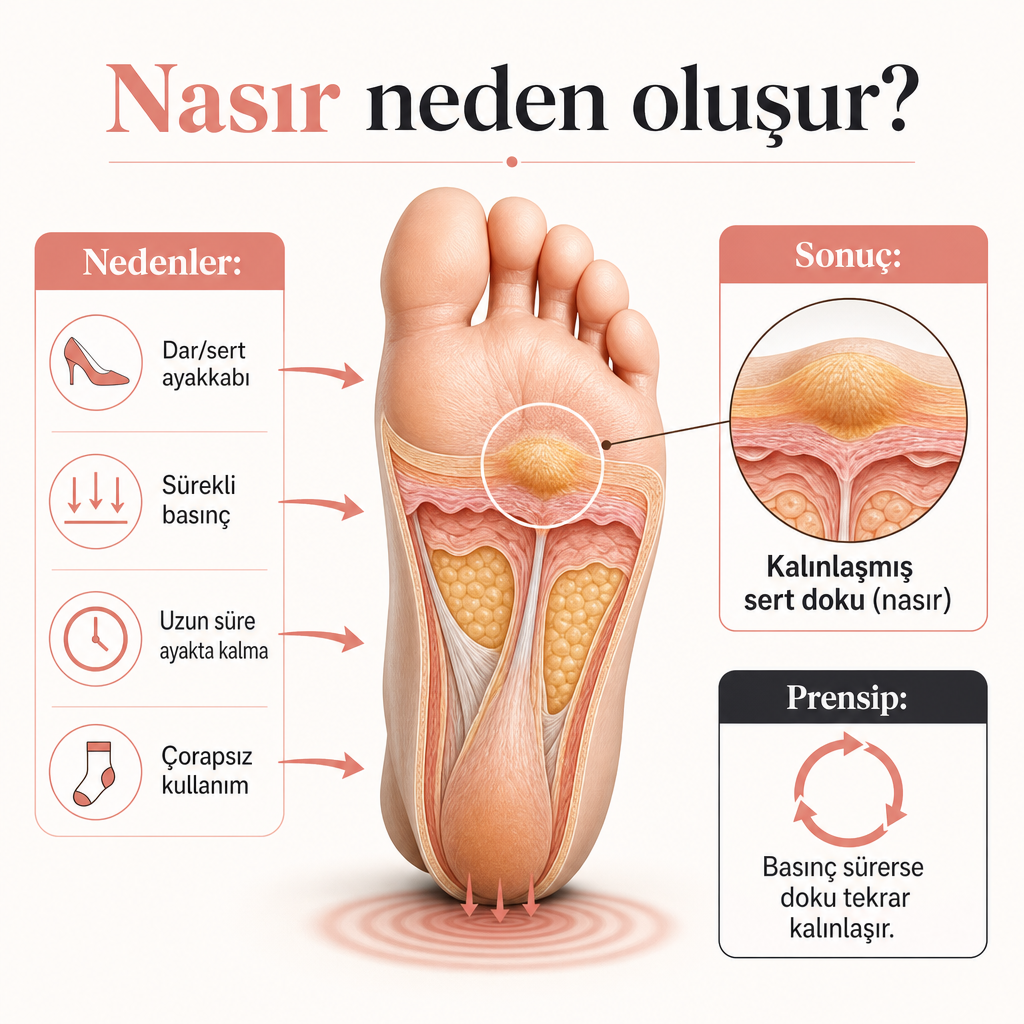 Ayak tabanındaki basınç noktasında derinin kalınlaşarak nasır oluşturmasını gösteren kesit şeması.