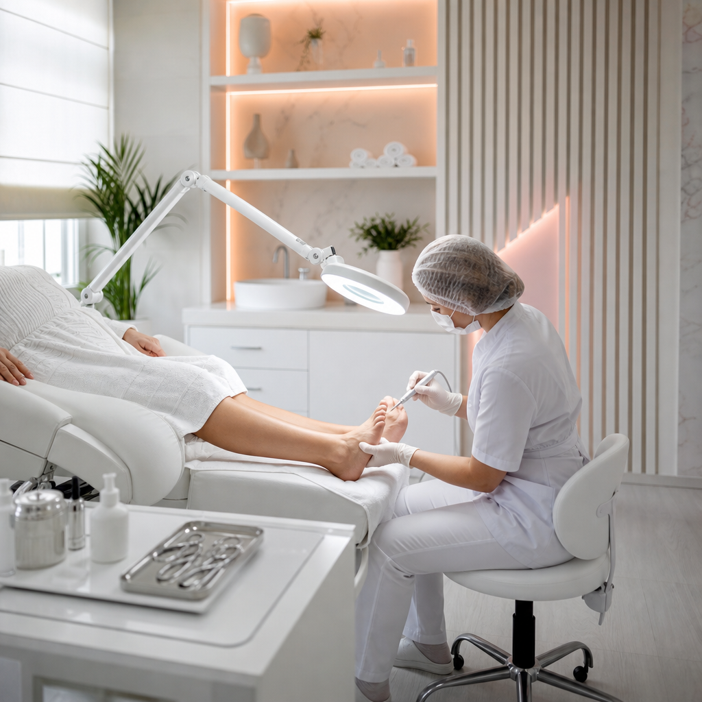 Hijyenik ve düzenli bir medikal spa ortamında profesyonel ayak bakımı sahnesi.
