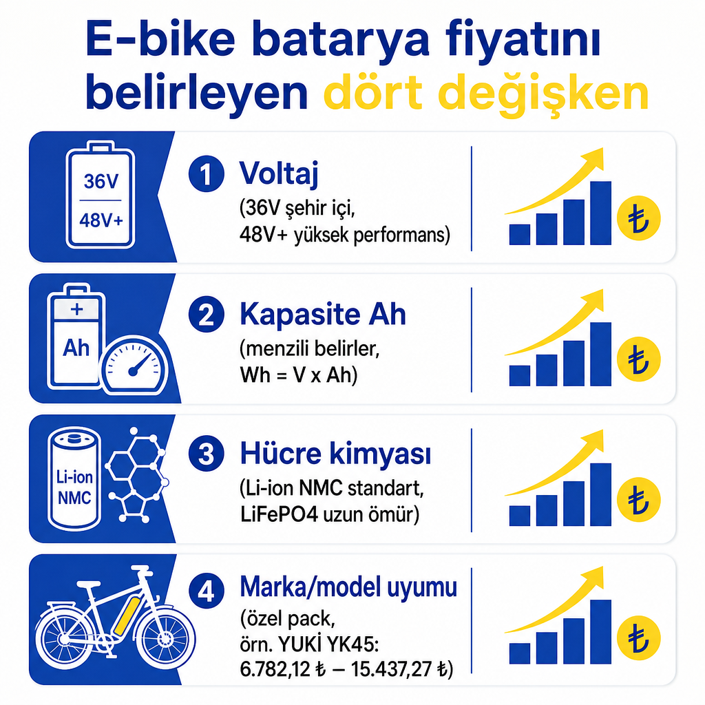 Elektrikli bisiklet batarya fiyatını belirleyen voltaj, kapasite, kimya ve model uyumu değişkenlerini gösteren infografik