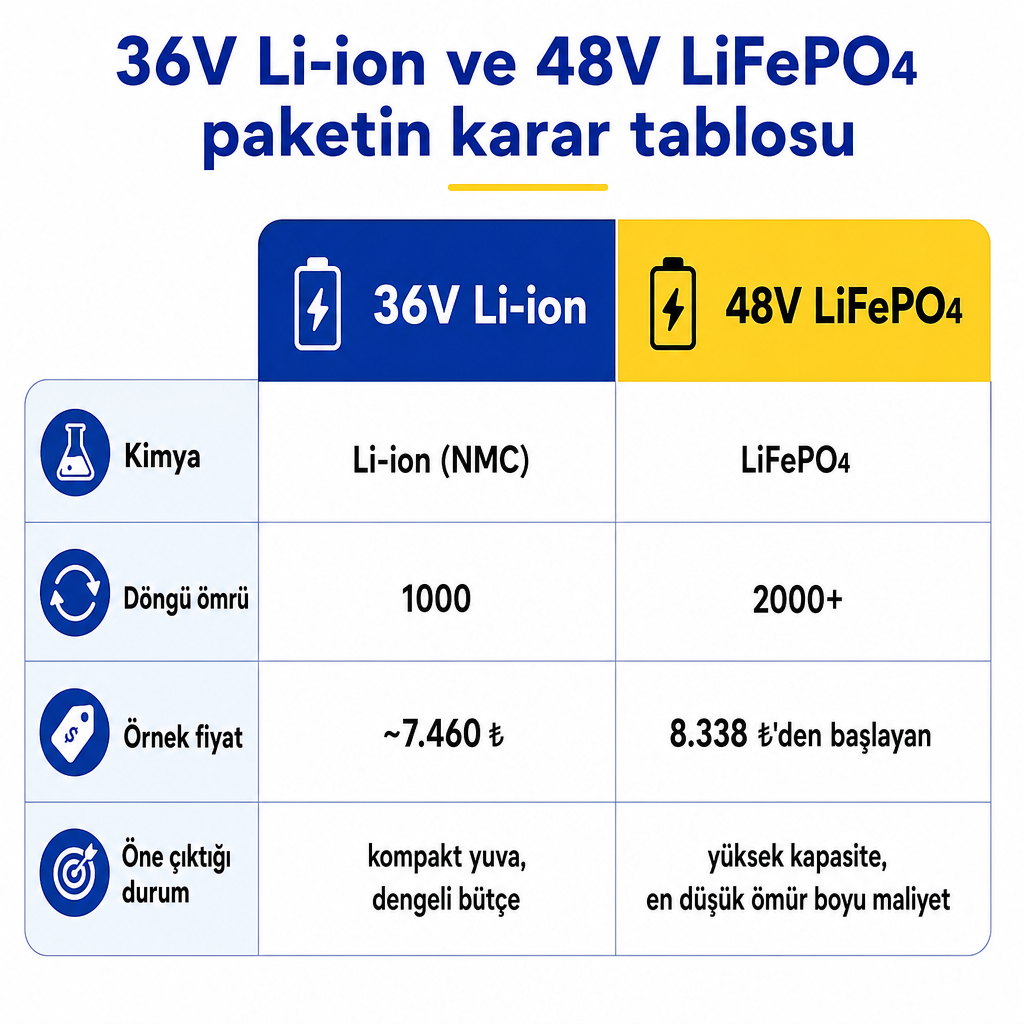 36V Li-ion ve 48V LiFePO4 elektrikli bisiklet bataryalarını döngü, fiyat ve kullanım senaryosuna göre karşılaştıran tablo