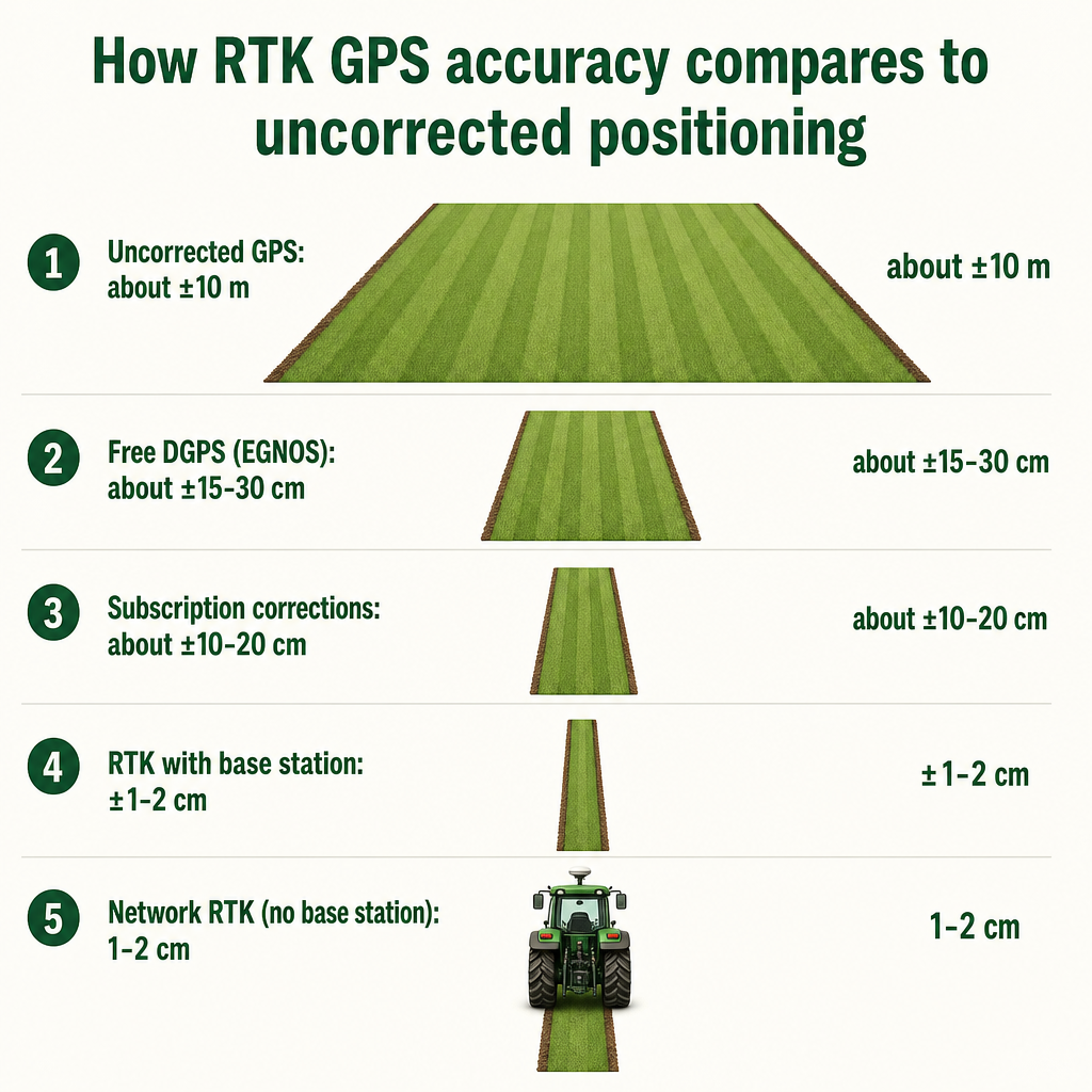 Diagram comparing satellite positioning accuracy from ±10 m uncorrected down to ±1-2 cm with RTK correction