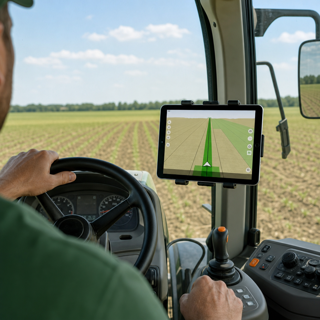 An iPad mounted in a tractor cab running Agro Navigator autosteer guidance with the operator at the wheel