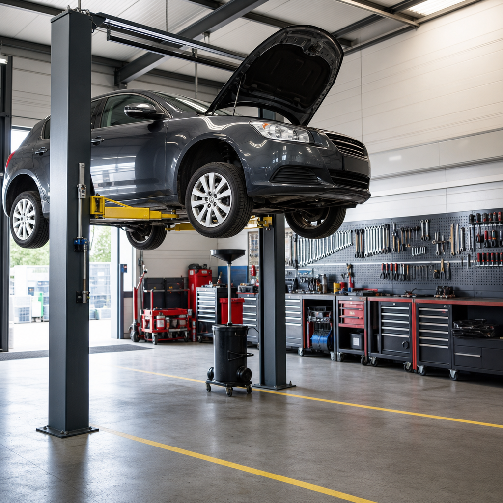 Düzenli bir oto servis atölyesinde lift üzerinde bakımı yapılan binek araç