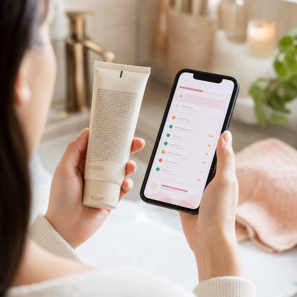 A person comparing a skincare product's label with a skincare app on their phone