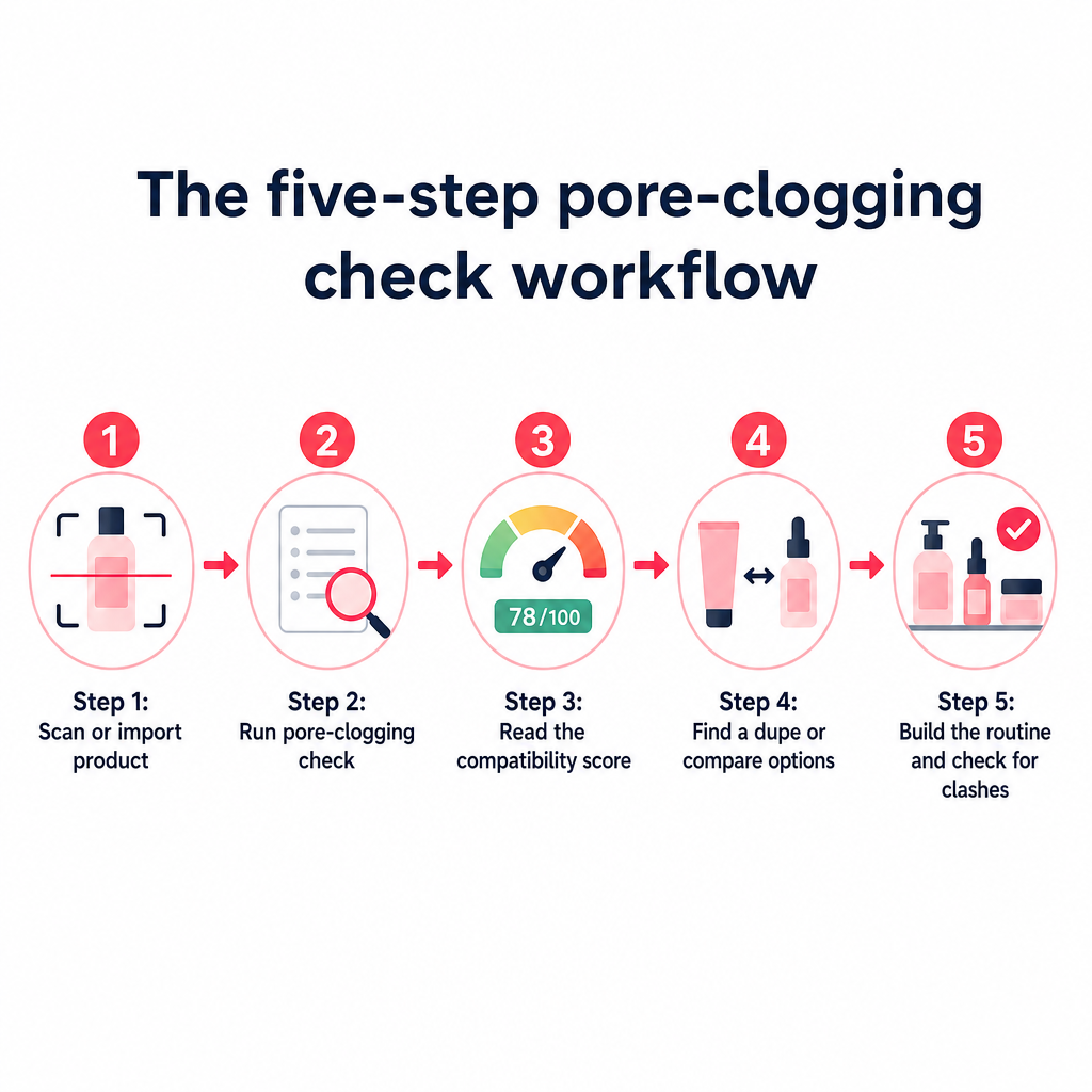 A five-step flow moving from scanning a product to running the check, reading the score, finding alternatives, and building a routine