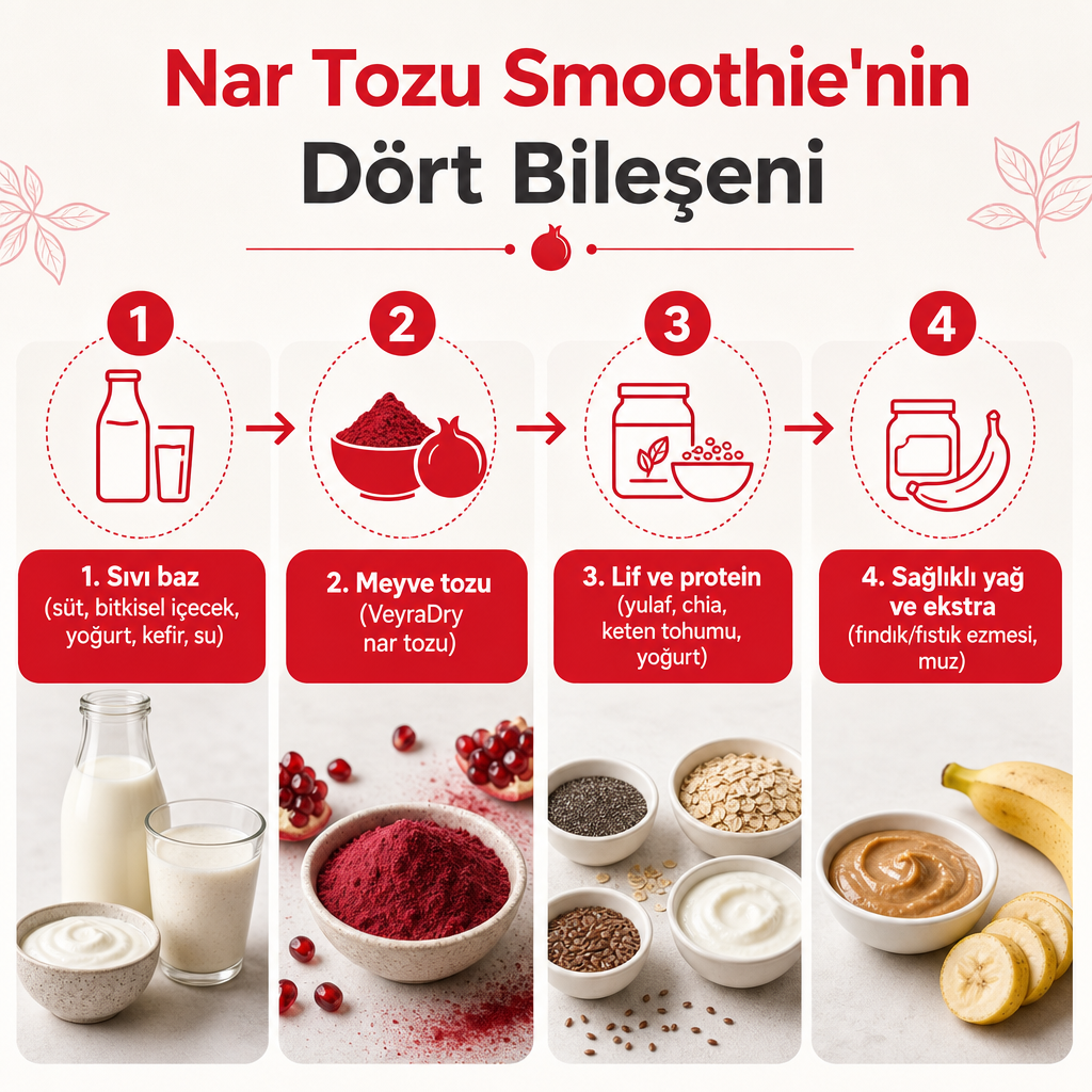 Nar tozu smoothie'nin dört temel bileşenini gösteren süreç diyagramı: sıvı baz, meyve tozu, lif ve protein, sağlıklı yağ ve ekstra