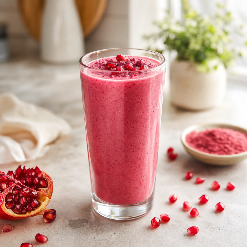 Uzun cam bardakta üzerine nar tanesi serpilmiş pembe nar tozu smoothie