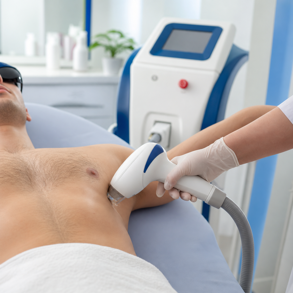 Klinik ortamda soğutmalı lazer cihazıyla erkek lazer epilasyon uygulaması