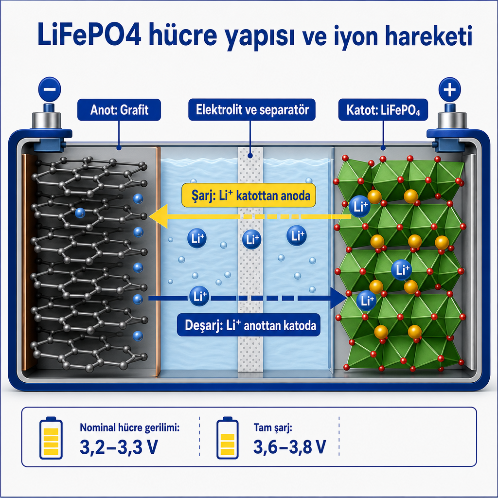 LiFePO4 hücresinde anot, katot ve şarj-deşarj sırasında lityum iyonlarının hareket yönünü gösteren kesit diyagramı