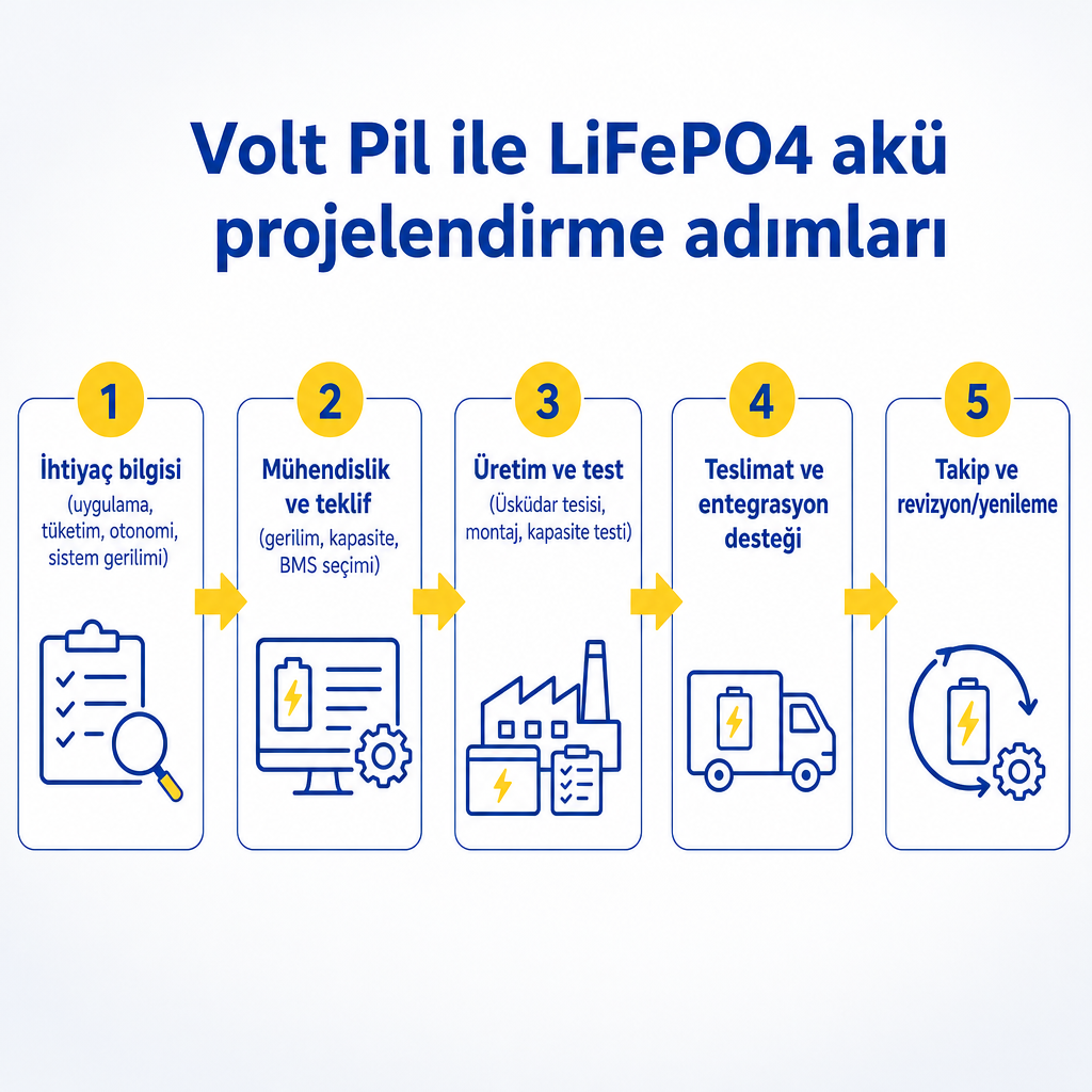 Volt Pil ile LiFePO4 akü projelendirme sürecinin ihtiyaç analizinden revizyona kadar beş adımını gösteren akış diyagramı
