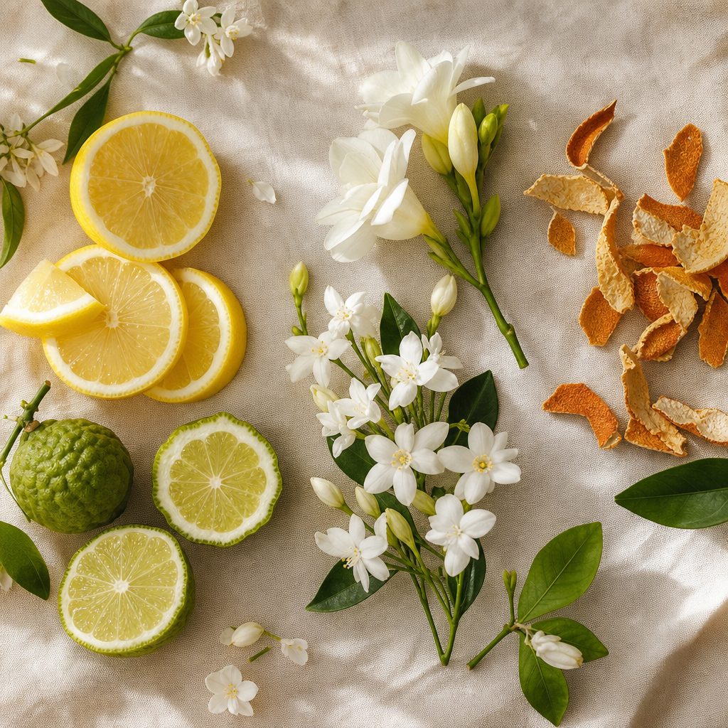 Limon ve bergamot dilimleri, beyaz yasemin çiçekleri ve kurutulmuş portakal kabuklarından oluşan editorial flat-lay