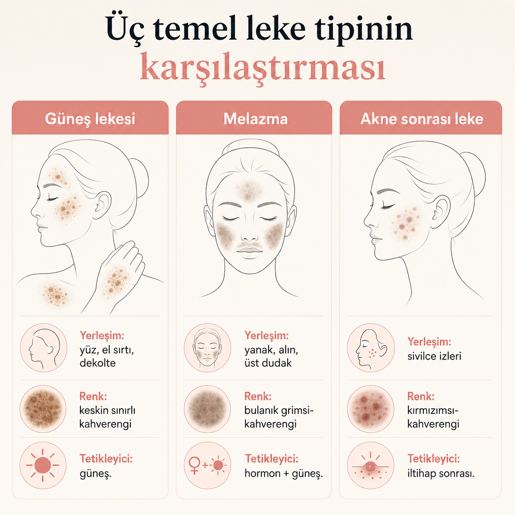 Güneş lekesi, melazma ve akne sonrası lekeyi yerleşim, renk ve tetikleyiciye göre karşılaştıran görsel.