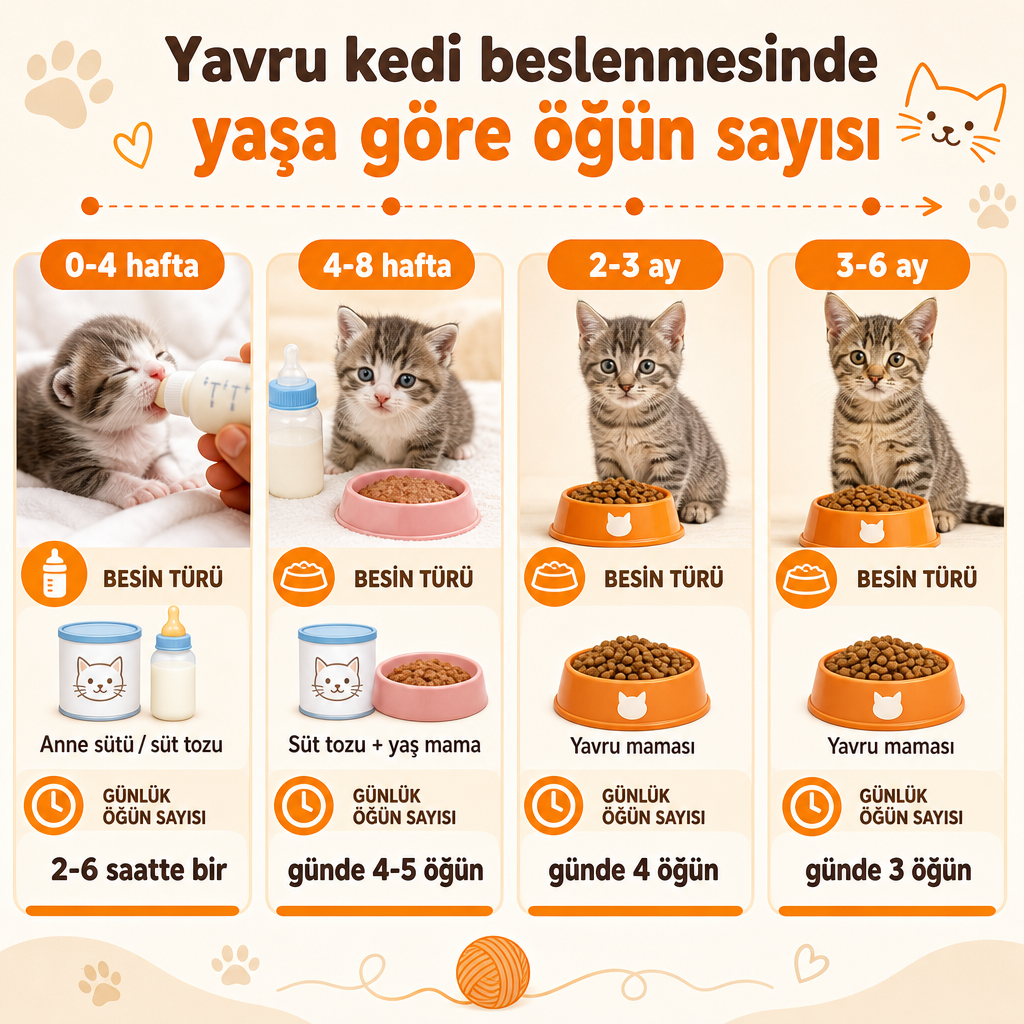 Yavru kedinin yaşına göre besin türü ve günlük öğün sayısını gösteren dört sütunlu infografik