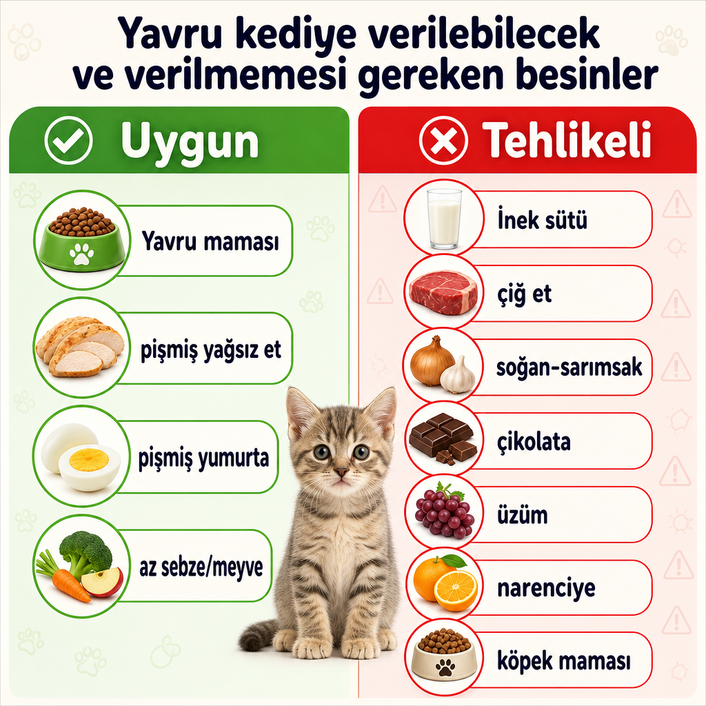 Yavru kediye uygun besinlerle tehlikeli besinleri karşılaştıran iki sütunlu görsel