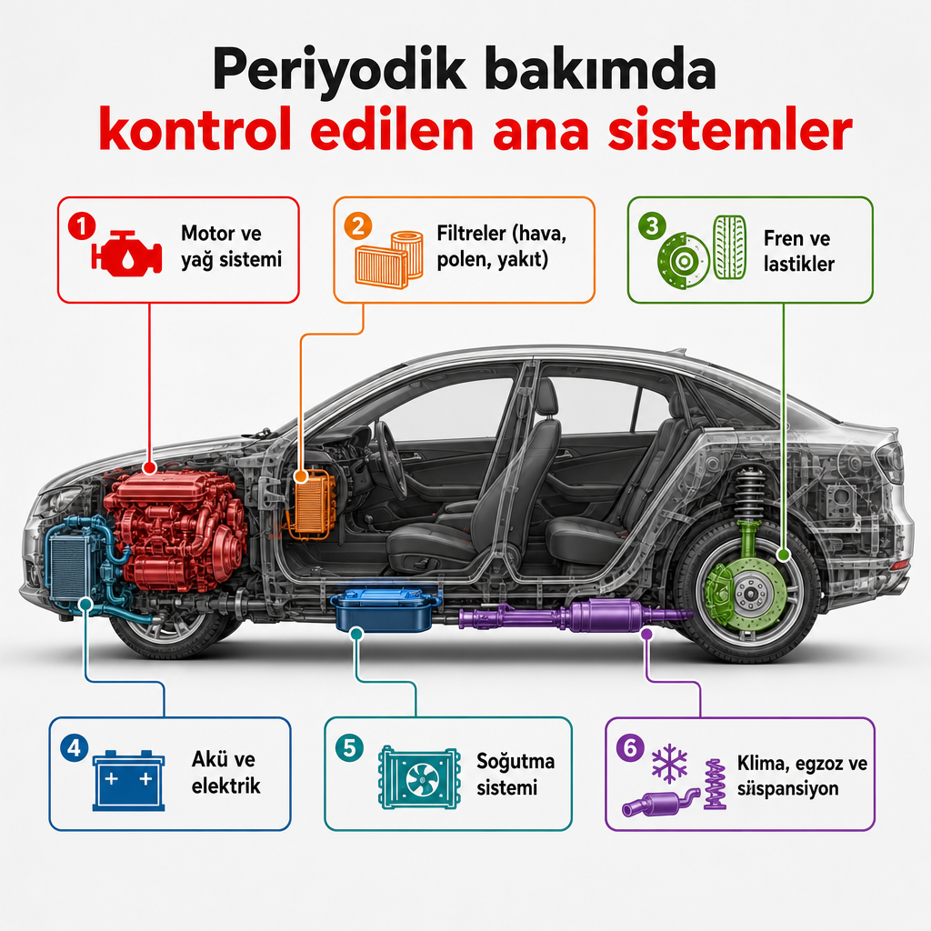 Araç kesiti üzerinde periyodik bakımda kontrol edilen altı ana sistemin işaretlendiği diyagram