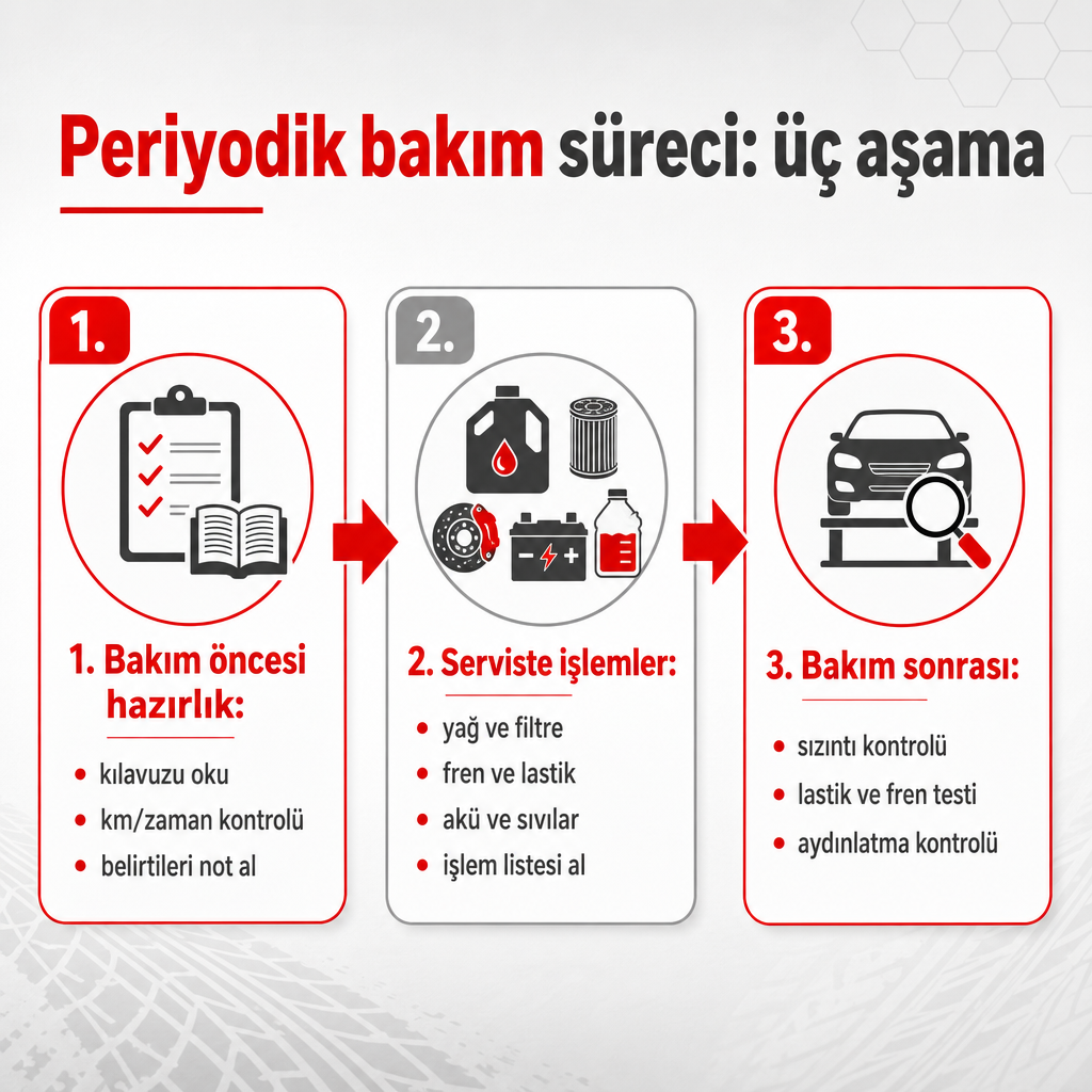 Periyodik bakımın öncesi, servis işlemleri ve sonrası olmak üzere üç aşamalı süreç şeması