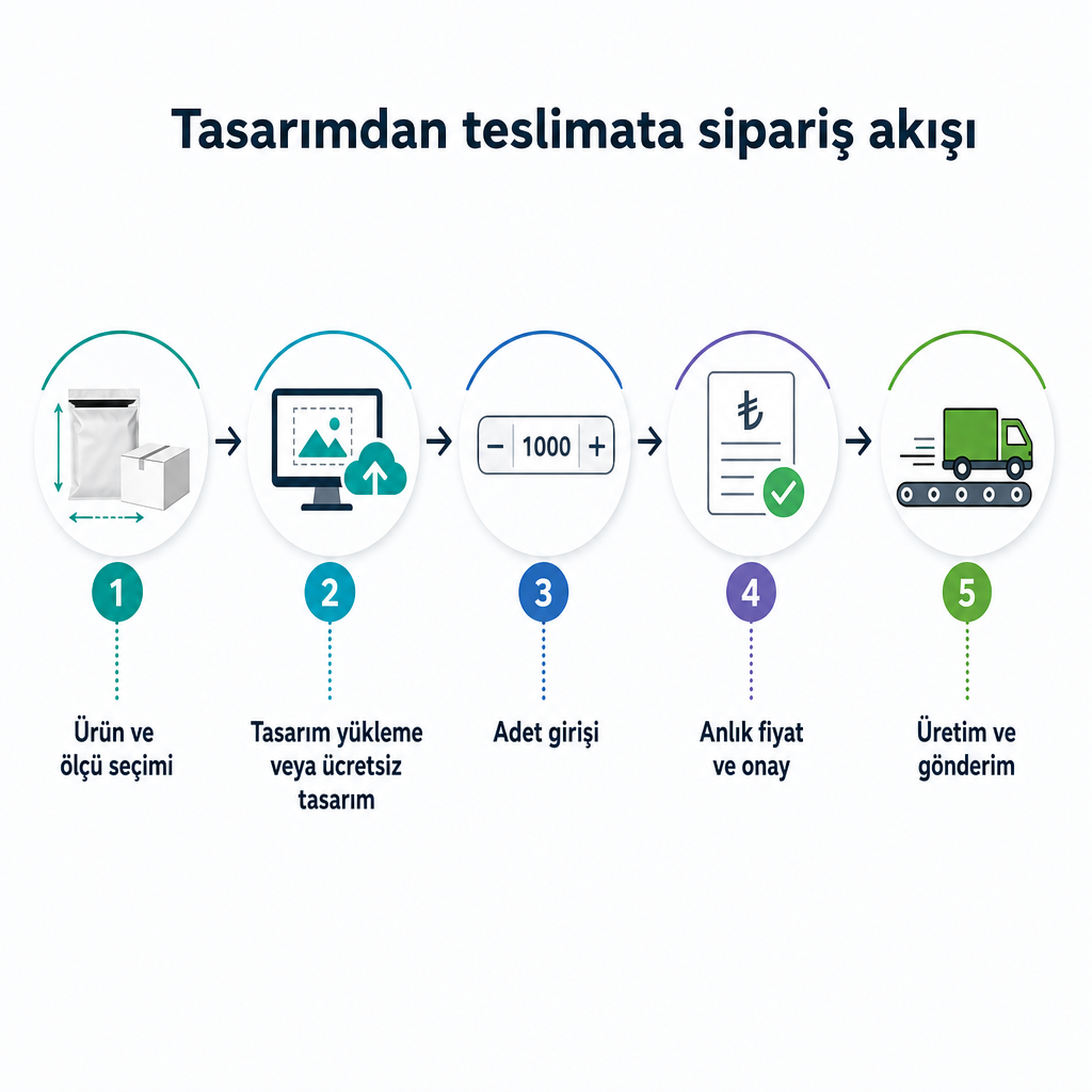 Ürün seçimi, tasarım, adet girişi, anlık fiyat ve üretim adımlarını gösteren süreç şeması