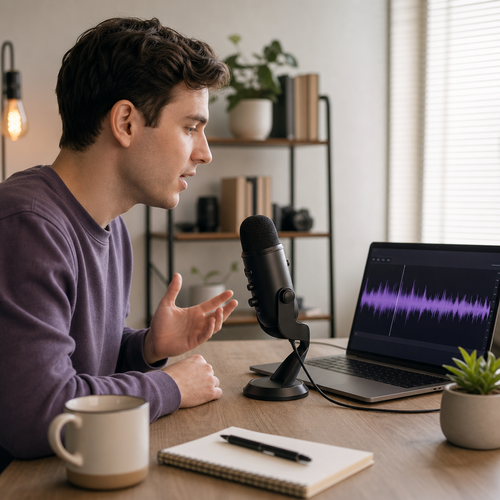 A creator recording a short clean voice sample into a desktop microphone