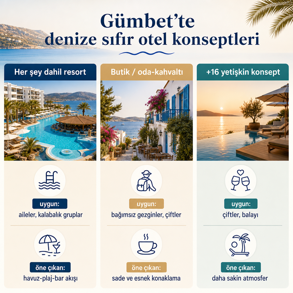 Gümbet’teki resort, butik ve yetişkin konseptli otelleri karşılaştıran üç sütunlu görsel