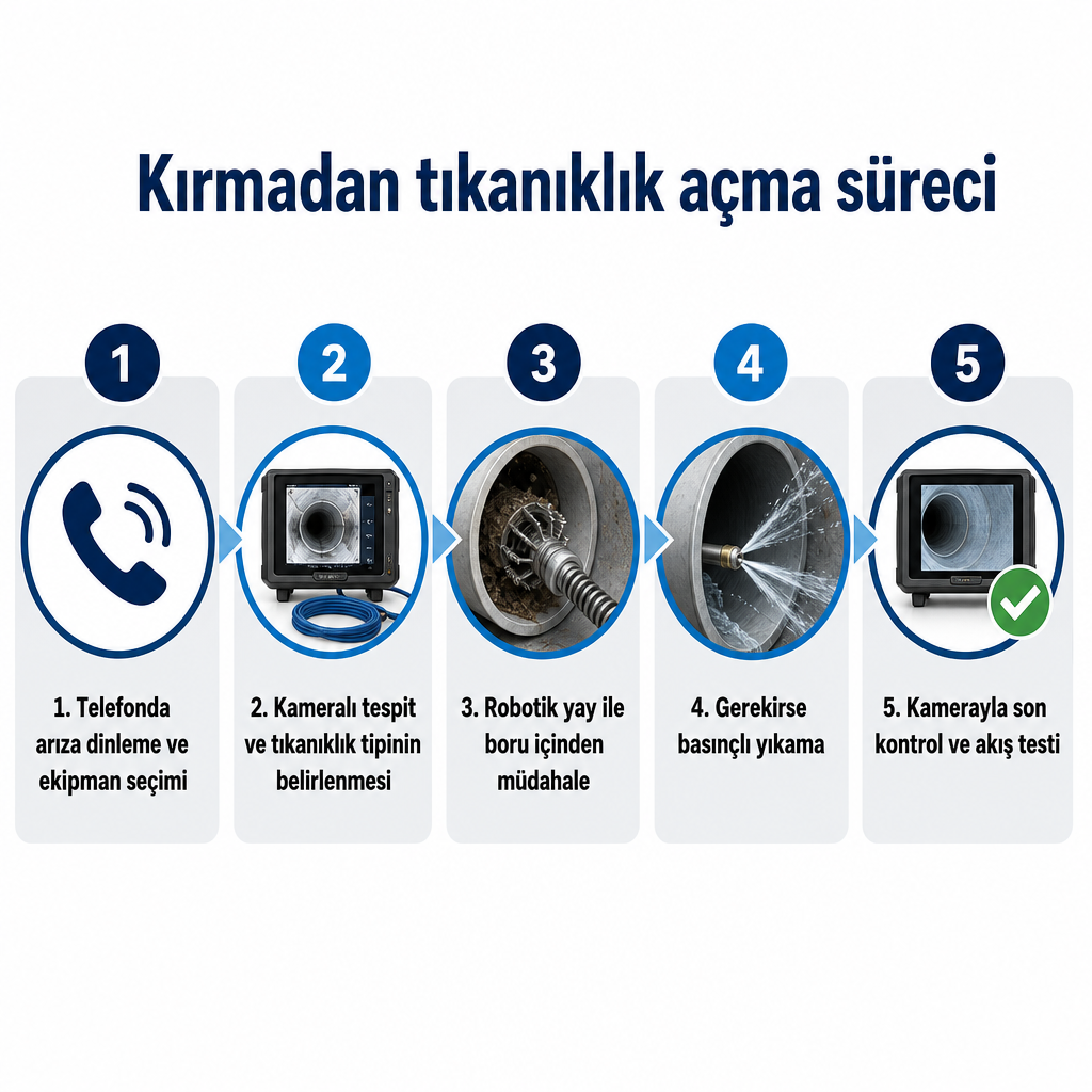 Kırmadan tıkanıklık açma sürecinin beş adımlık akış şeması